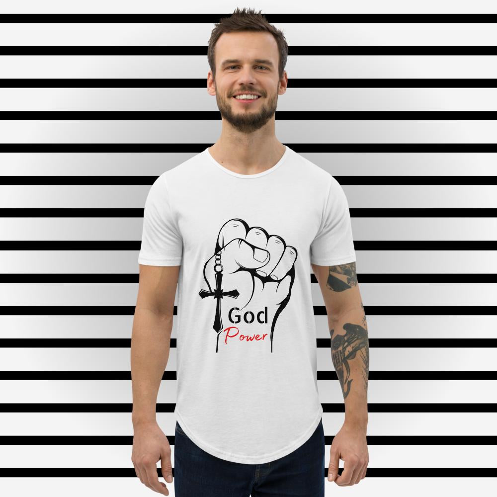 GOD POWER RED BLK Men's Curved Hem T-Shirt