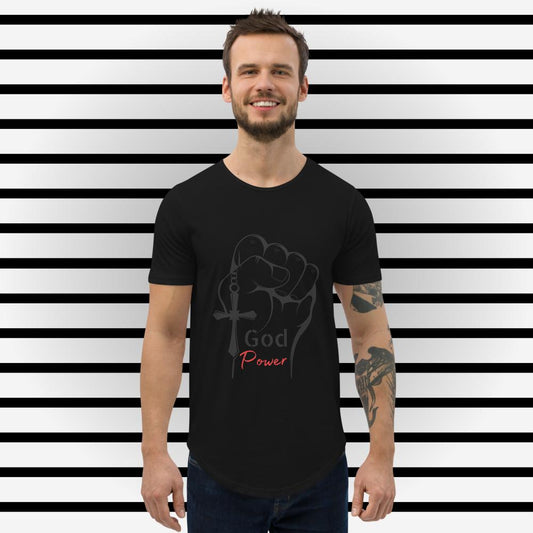 GOD POWER RED BLK Men's Curved Hem T-Shirt