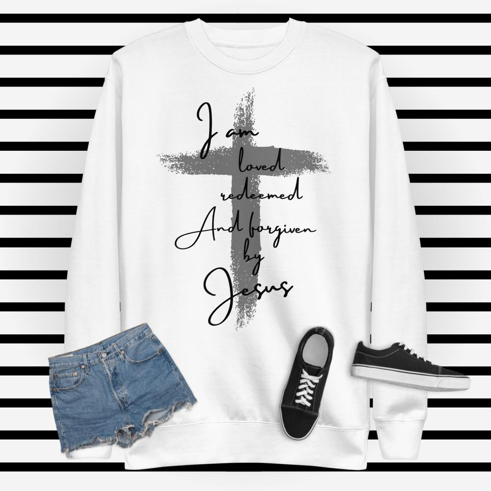 Black Print Loved Redeemed and Forgiven by Jesus Unisex Fleece Pullover